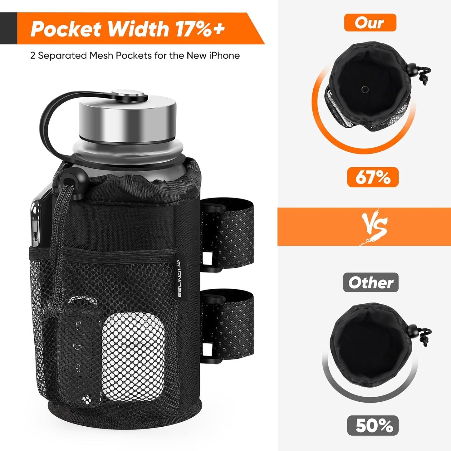 Scooter Cup Holder for 8-32Oz Bottles, Wheelchair Walker Water Bottle Holder for UTV Roll Bar Bike E-Bike Golf Cart and Boat, Drink Holder with Net Pockets and Hook and Loop Straps