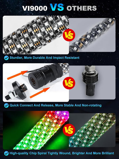 2 Pack 1FT LED Whip Lights with App & Remote Control - RGB Chasing Antenna Lights for SXS UTV ATV RZR Can-Am X3 Off-Road, Music Sync Feature
