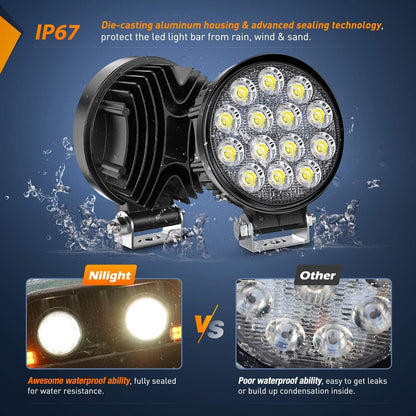 LED Pods 2Pcs 4.5Inch 42W 4200LM round Flood Light off Road Lights Fog Lights Driving Roof LED Light Bar Work Light with 16AWG Wiring Harness Kit-2 Leads