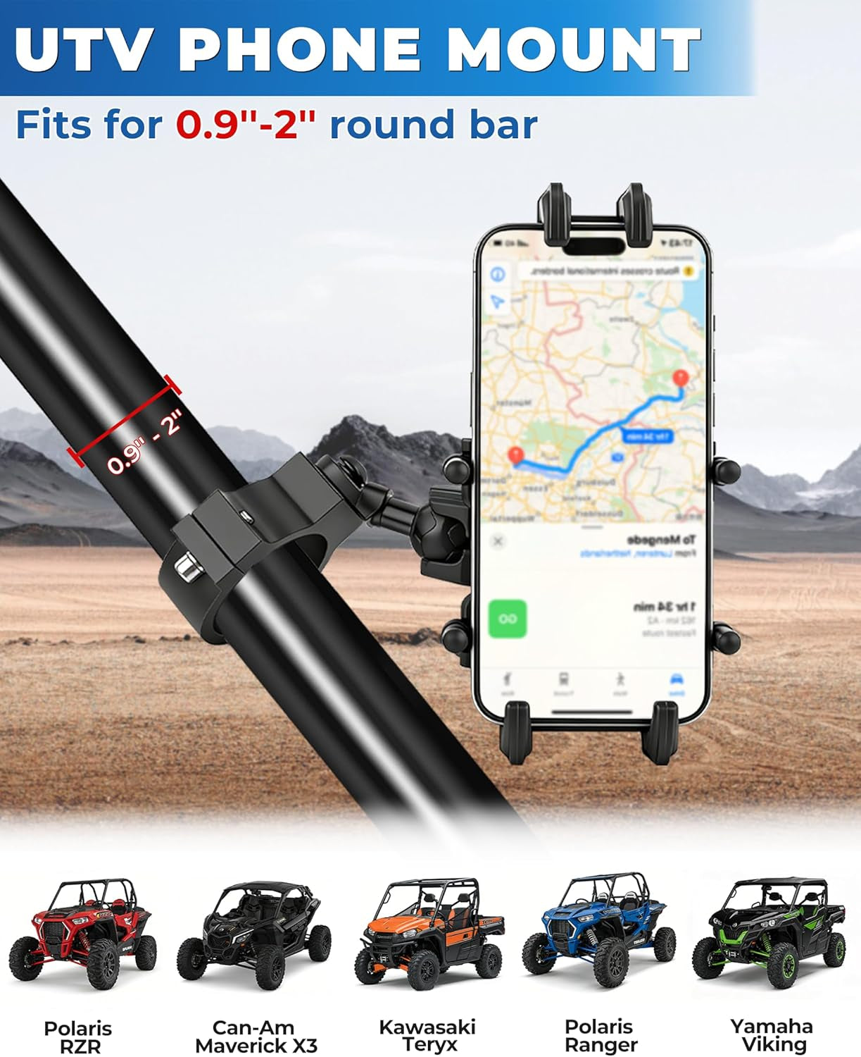 Heavy Duty UTV Phone Mount - 360° Adjustable Anti-Vibration Holder for 5.4"-7.2" Phones, Fits 1"-2" Roll Cages, Perfect for SXS RZR X3 Ranger