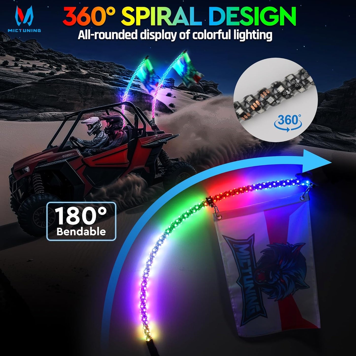 2Pc 4Ft Spiral LED Whip Lights with 8 Flags, RF Remote & App Control, RGB Chasing Lighted Whips with Rocker Switch, Music Synced Whip Light for UTV ATV Polaris RZR Can-Am