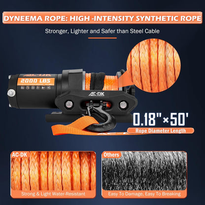 12V 2000-Lb. ATV/UTV Electric Winch, Off-Road Synthetic Rope Winch for Trailer Boat RV Towing Winches, ATV/UTV Winch with Big Yellow Wired Remote and Winch Mounting Plate