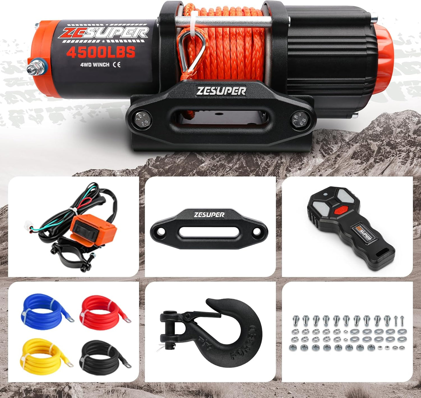 4500 Lb Winch Waterproof IP67 Electric Winch with Wireless Remote Synthetic Winch Rope Hawse Fairlead Handheld Remote ATV UTV Winches 12V Portable Power Winch