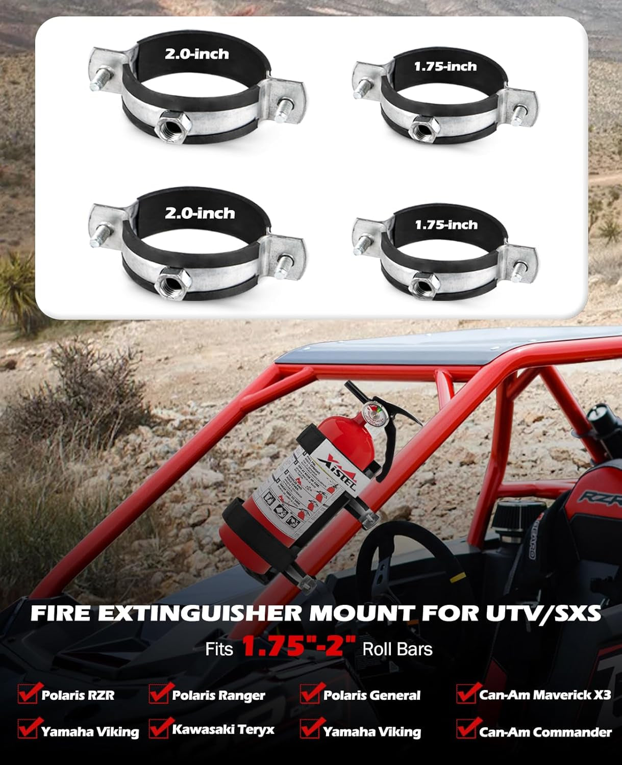 Quick Release UTV Fire Extinguisher Mount Kit Fire Extinguisher Holder Adjustable Roll Bar Fire Extinguishers Mount Bracket for Vehicle Easy Install on 1.75"-2" Roll Cage SXS Polaris RZR Can Am X3