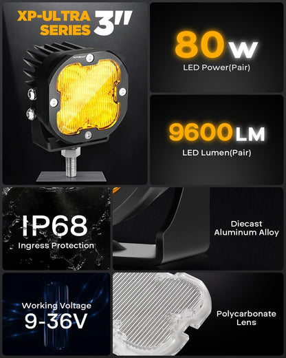 Xp-Ultra 80W 9600LM Dual Color 3 Inch Flood Beam LED Pods - Amber & White Off-Road Fog Lights for RZR, Polaris, Ford Bronco, UTV & ATV - Pair