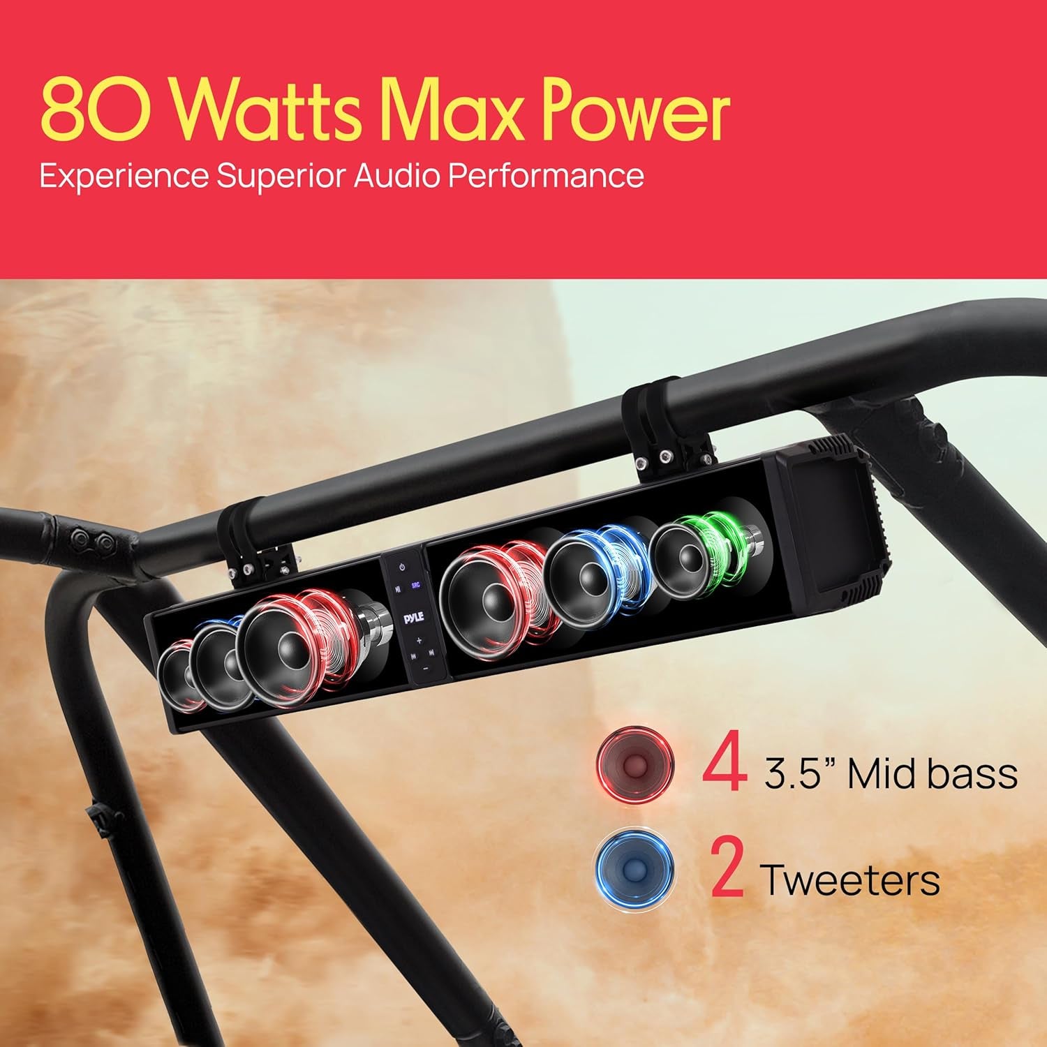24" Powered ATV/UTV Soundbar System - 40 Bluetooth Speakers with Built-In Amplifier, Waterproof and Weatherproof, Wireless BT Streaming and Auxiliary Input, LED Lights