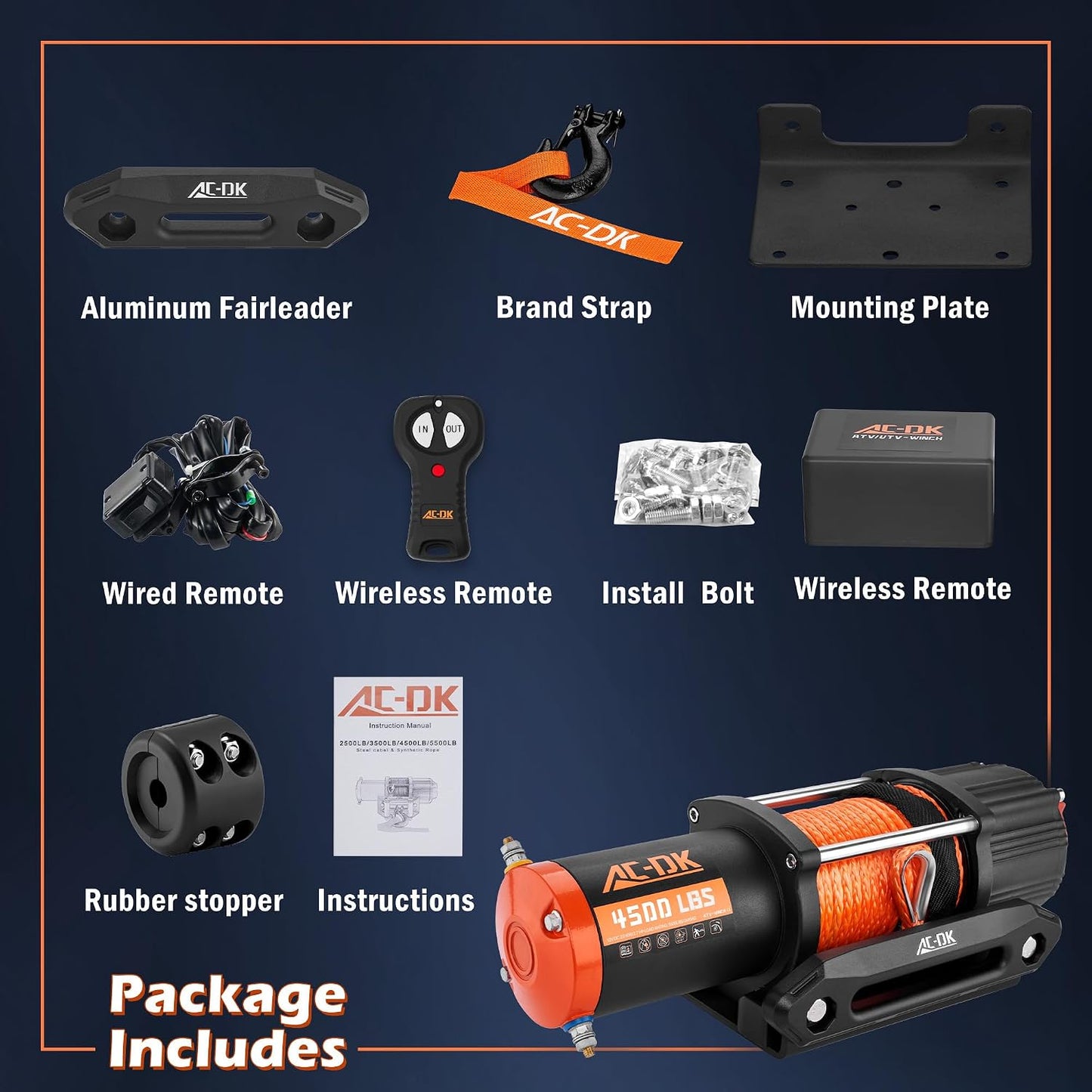 4500 Lb UTV Winch Synthetic Rope Kits, 12V Winch with Wireless Remote for off Road Trailer Boat RV Towing Winche, Waterproof Winch with Mounting Plate and Wired Remote