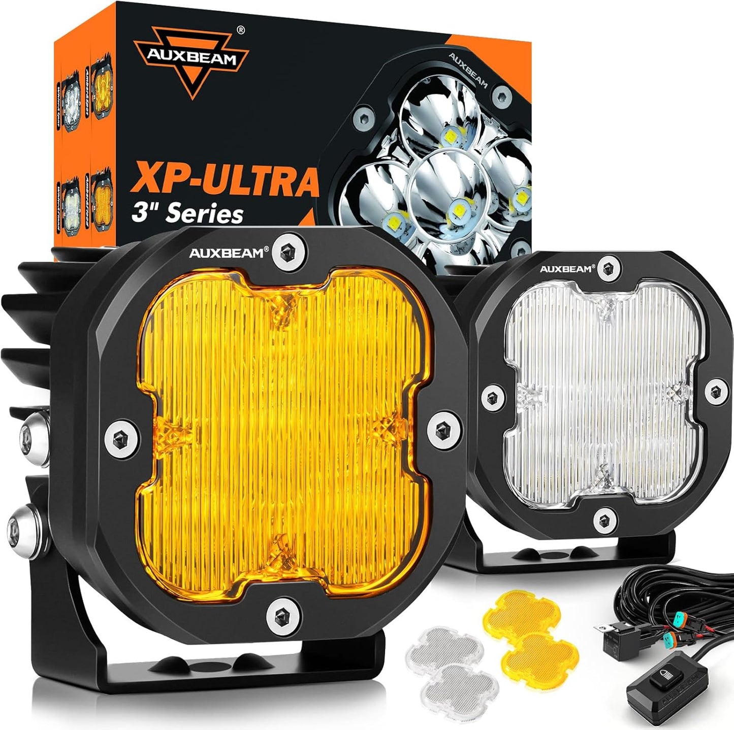 Xp-Ultra 80W 9600LM Dual Color 3 Inch Flood Beam LED Pods - Amber & White Off-Road Fog Lights for RZR, Polaris, Ford Bronco, UTV & ATV - Pair