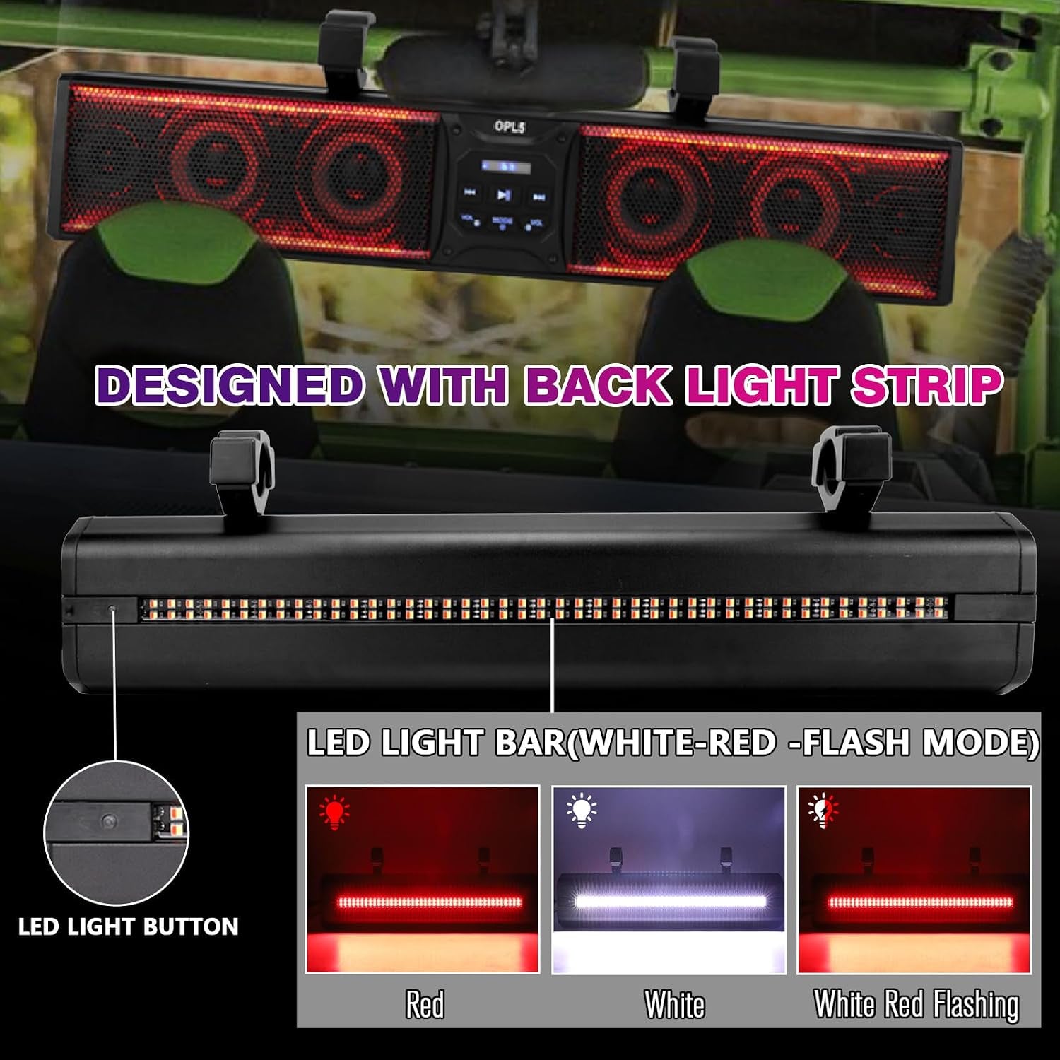 UTV Sound Bar 27 Inch, 6-Speaker Metal Bluetooth ATV Soundbar with RGB ＆ Light Strip, IP66 Waterproof Golf Cart Sound Bar for Polaris RZR Can-Am W/ 1" - 2" Roll Bar,2 Years Warranty