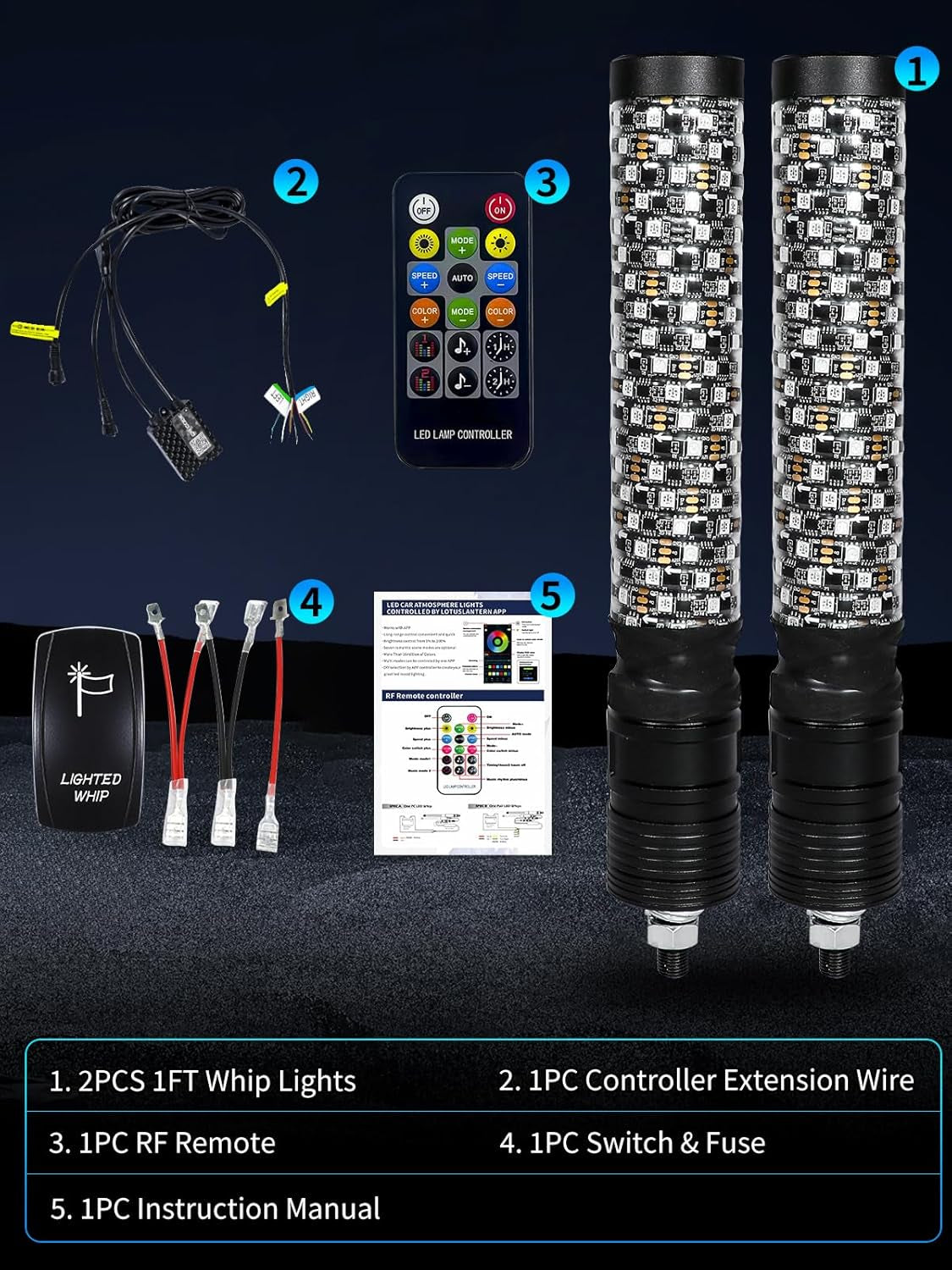 2 Pack 1FT LED Whip Lights with App & Remote Control - RGB Chasing Antenna Lights for SXS UTV ATV RZR Can-Am X3 Off-Road, Music Sync Feature
