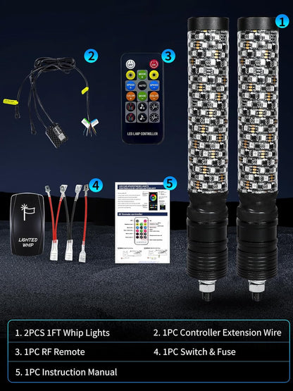 2 Pack 1FT LED Whip Lights with App & Remote Control - RGB Chasing Antenna Lights for SXS UTV ATV RZR Can-Am X3 Off-Road, Music Sync Feature
