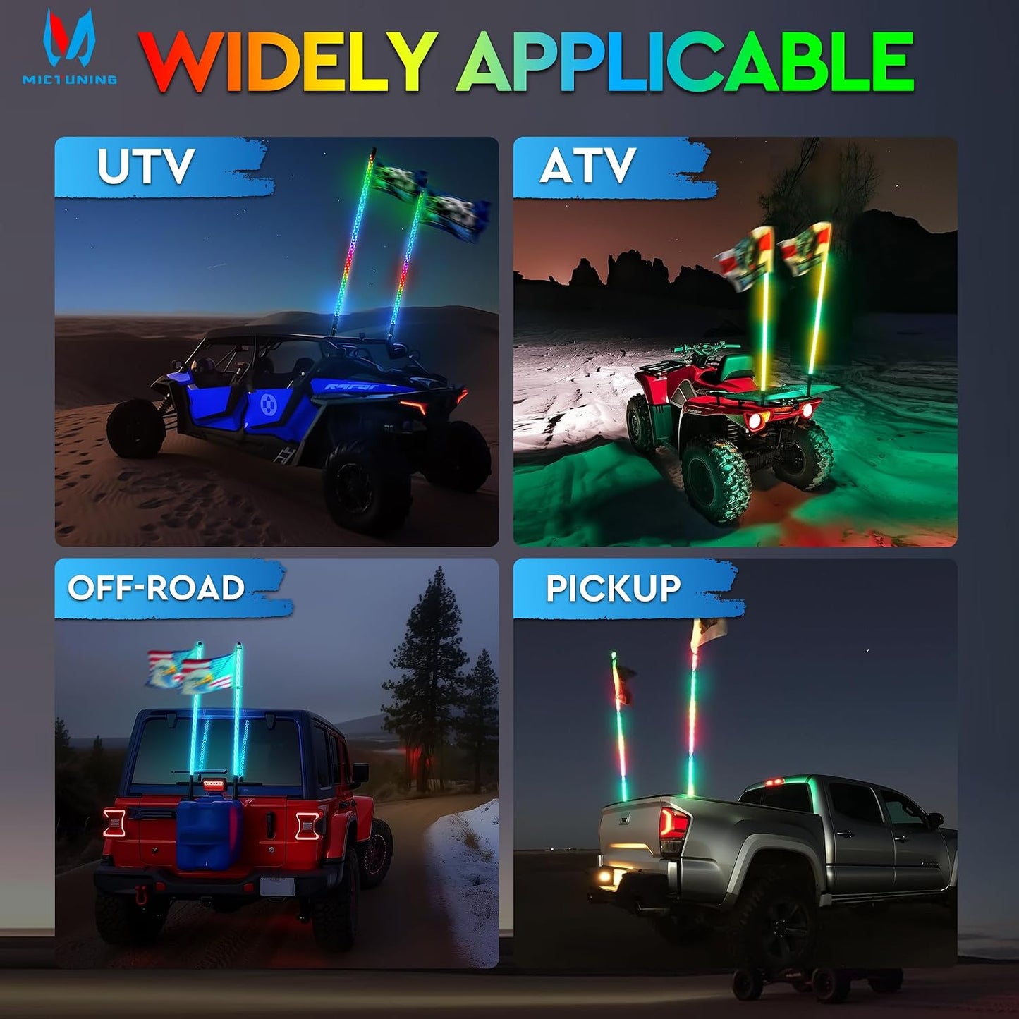 2Pc 4Ft Spiral LED Whip Lights with 8 Flags, RF Remote & App Control, RGB Chasing Lighted Whips with Rocker Switch, Music Synced Whip Light for UTV ATV Polaris RZR Can-Am