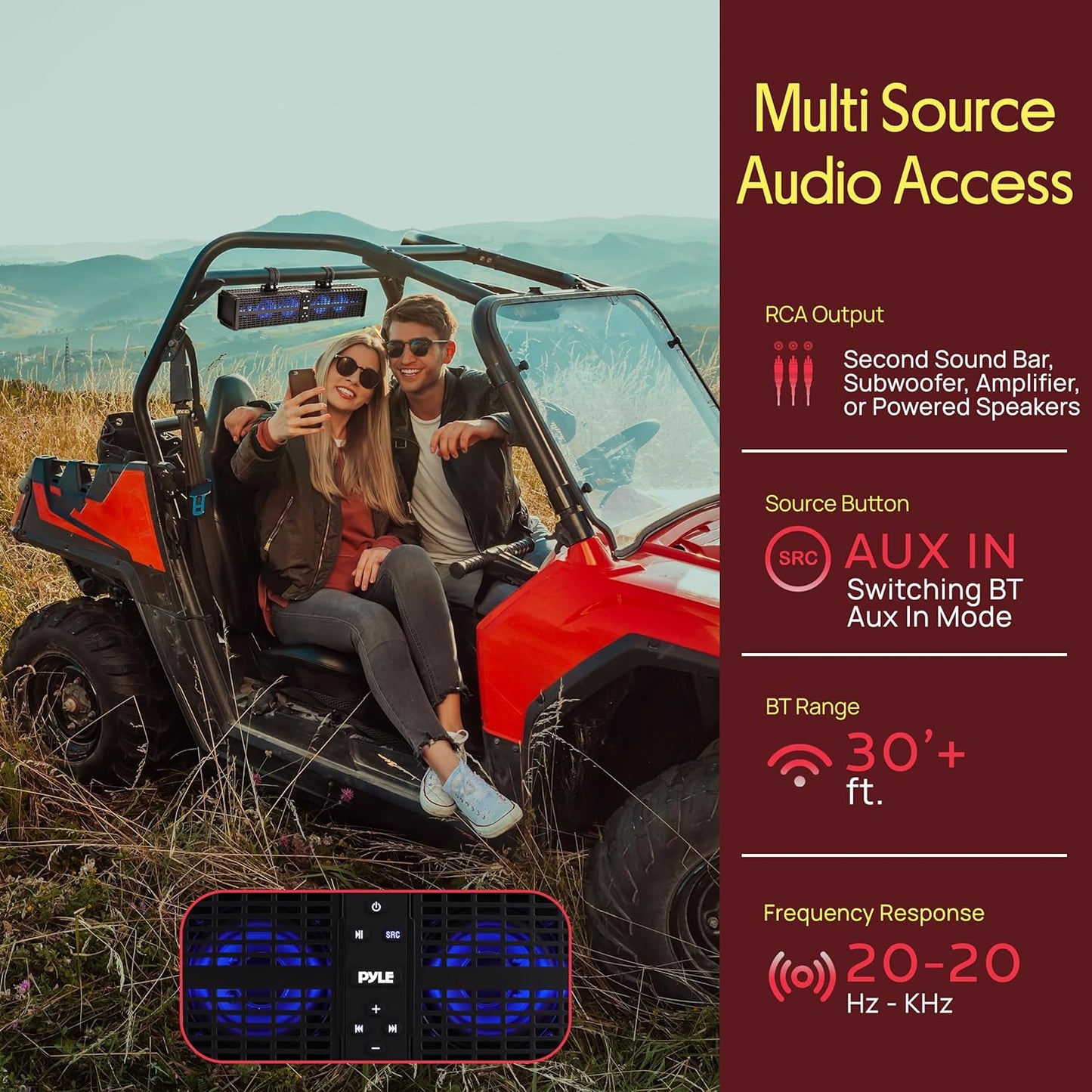 24" Powered ATV/UTV Soundbar System - 40 Bluetooth Speakers with Built-In Amplifier, Waterproof and Weatherproof, Wireless BT Streaming and Auxiliary Input, LED Lights