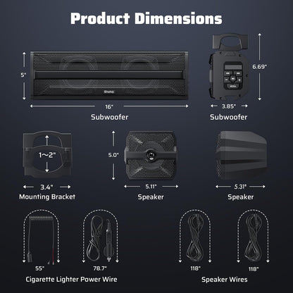 2.1CH Stereo UTV Sound Bar (Subwoofer) and Speakers, 16 Inch Bluetooth ATV Soundbar with RGB Lights, Waterproof Golf Cart Speakers, Marine Sound Bar Compatible with SXS Polaris RZR Can-Am