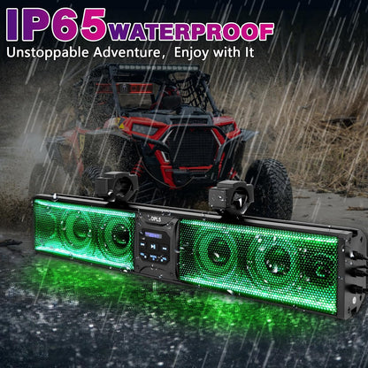 UTV Sound Bar 27 Inch, 6-Speaker Metal Bluetooth ATV Soundbar with RGB ＆ Light Strip, IP66 Waterproof Golf Cart Sound Bar for Polaris RZR Can-Am W/ 1" - 2" Roll Bar,2 Years Warranty