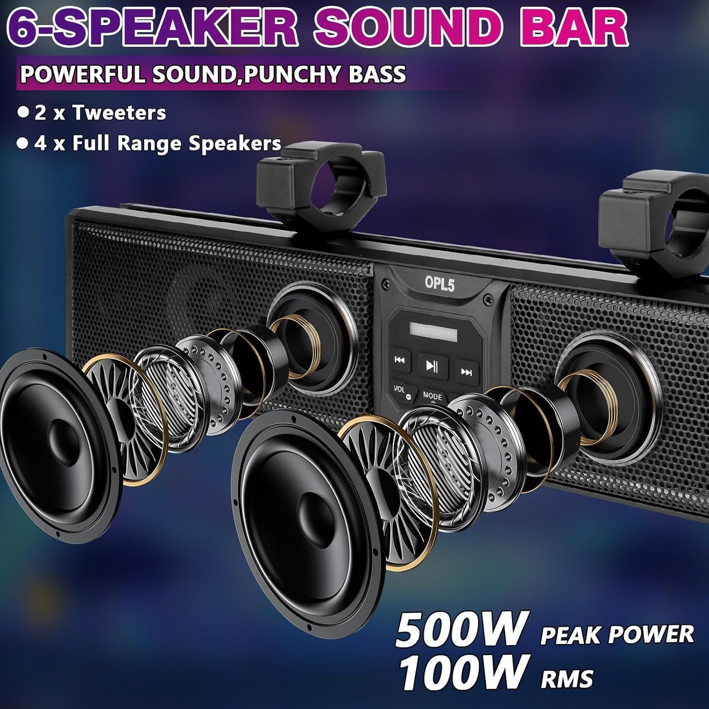 UTV Sound Bar 27 Inch, 6-Speaker Metal Bluetooth ATV Soundbar with RGB ＆ Light Strip, IP66 Waterproof Golf Cart Sound Bar for Polaris RZR Can-Am W/ 1" - 2" Roll Bar,2 Years Warranty