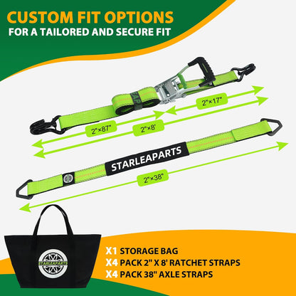 Car Tie down Straps for Trailers with J Hooks (4PK) - Car Tie down Axle Straps 2" X 8' - 10,000Lb Guaranteed Break Strength -2" X 38" Axle Tie down Straps, Perfect for Trailer, UTV, Truck Moving