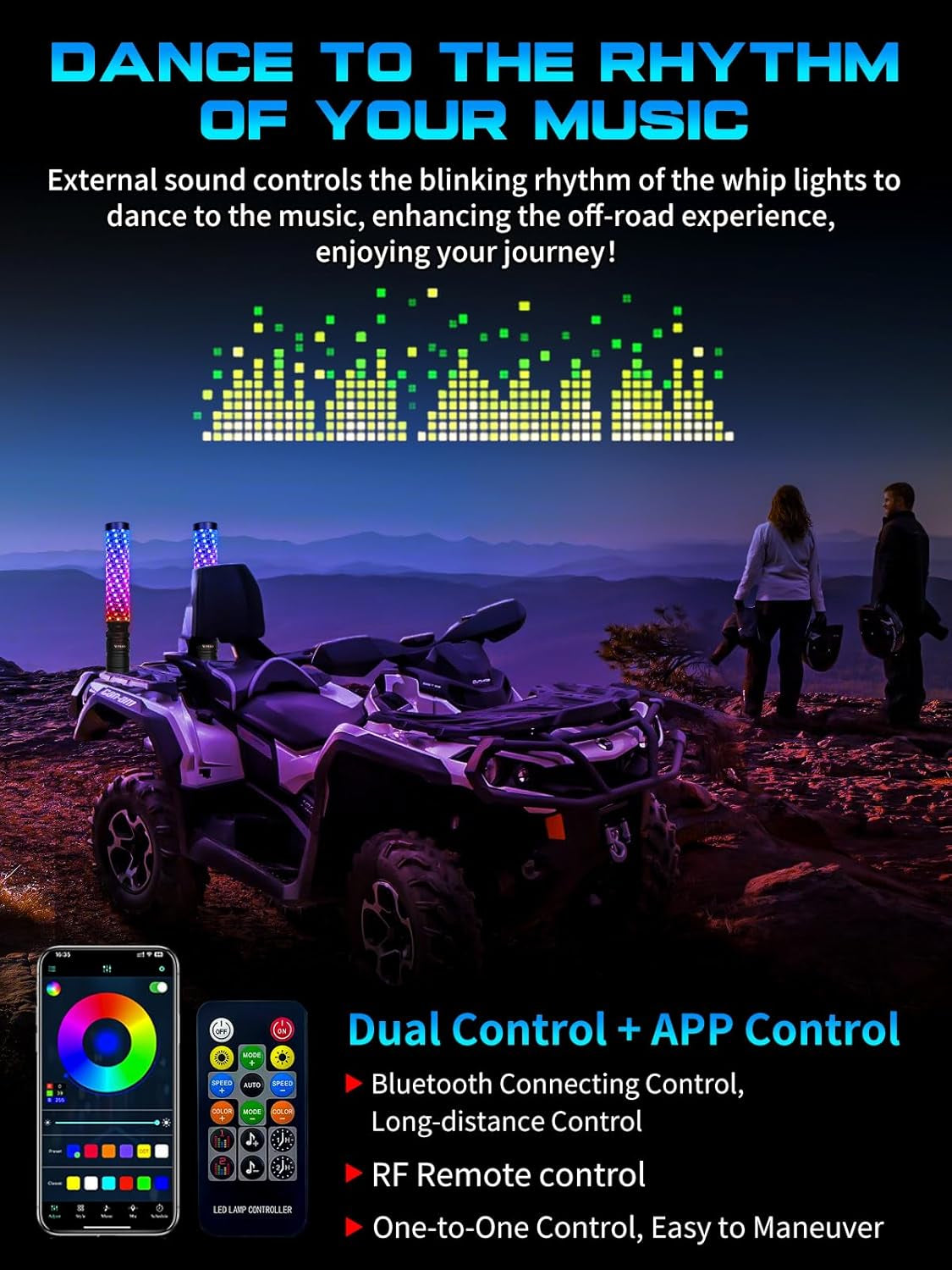 2 Pack 1FT LED Whip Lights with App & Remote Control - RGB Chasing Antenna Lights for SXS UTV ATV RZR Can-Am X3 Off-Road, Music Sync Feature