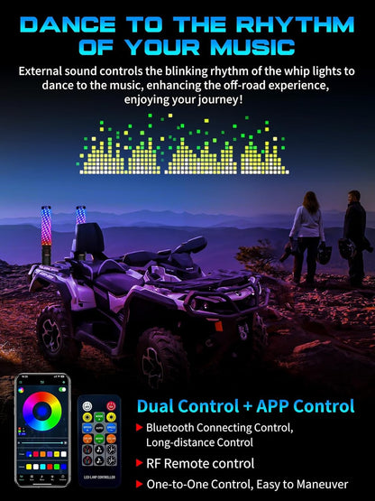 2 Pack 1FT LED Whip Lights with App & Remote Control - RGB Chasing Antenna Lights for SXS UTV ATV RZR Can-Am X3 Off-Road, Music Sync Feature