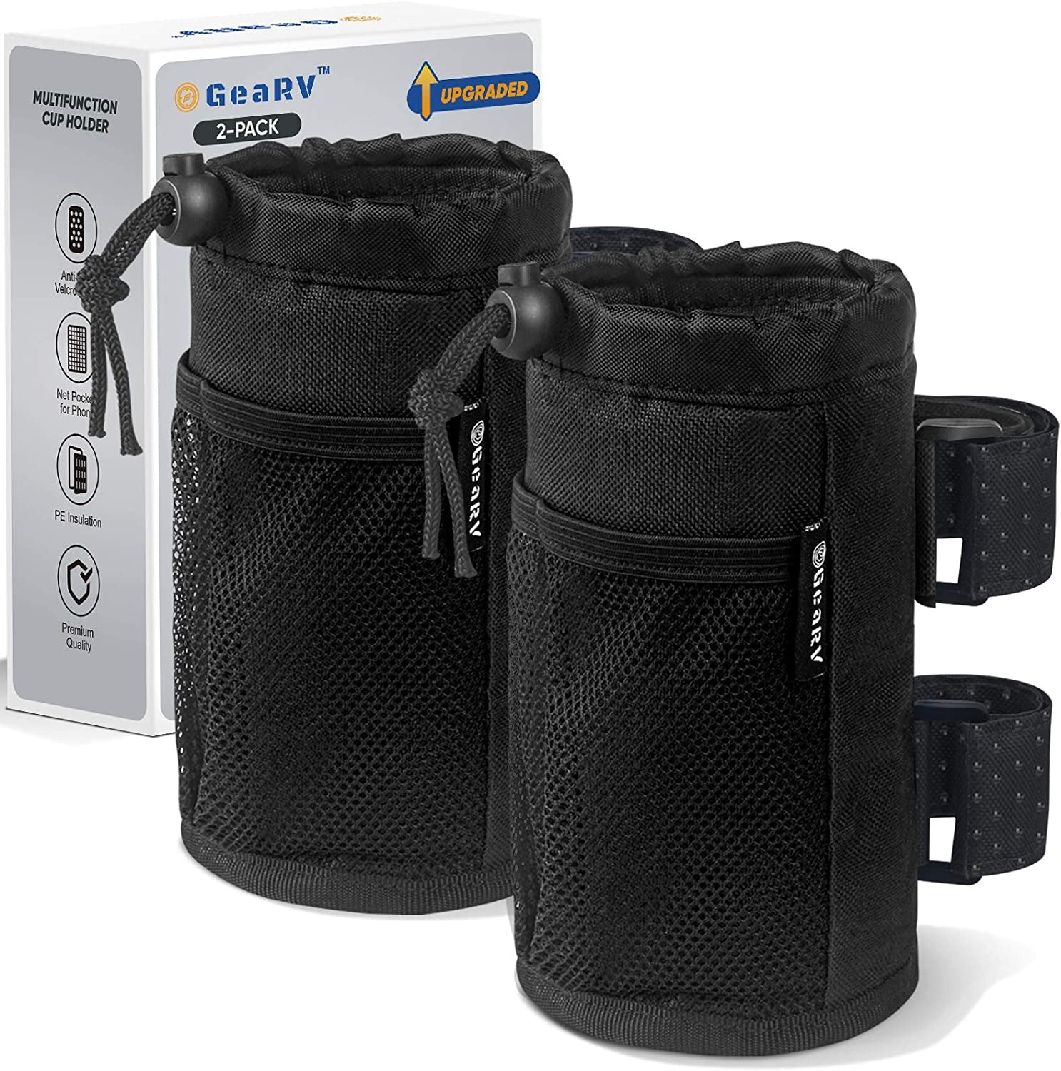 2Pack Cup Holder for Bike, Scooter and Wheelchair, Water Bottle Holder for UTV/ATV, Walker, Golf Cart and Beach, Universal Drink Holder Accessories with Net Pocket and Cord Lock (Black)