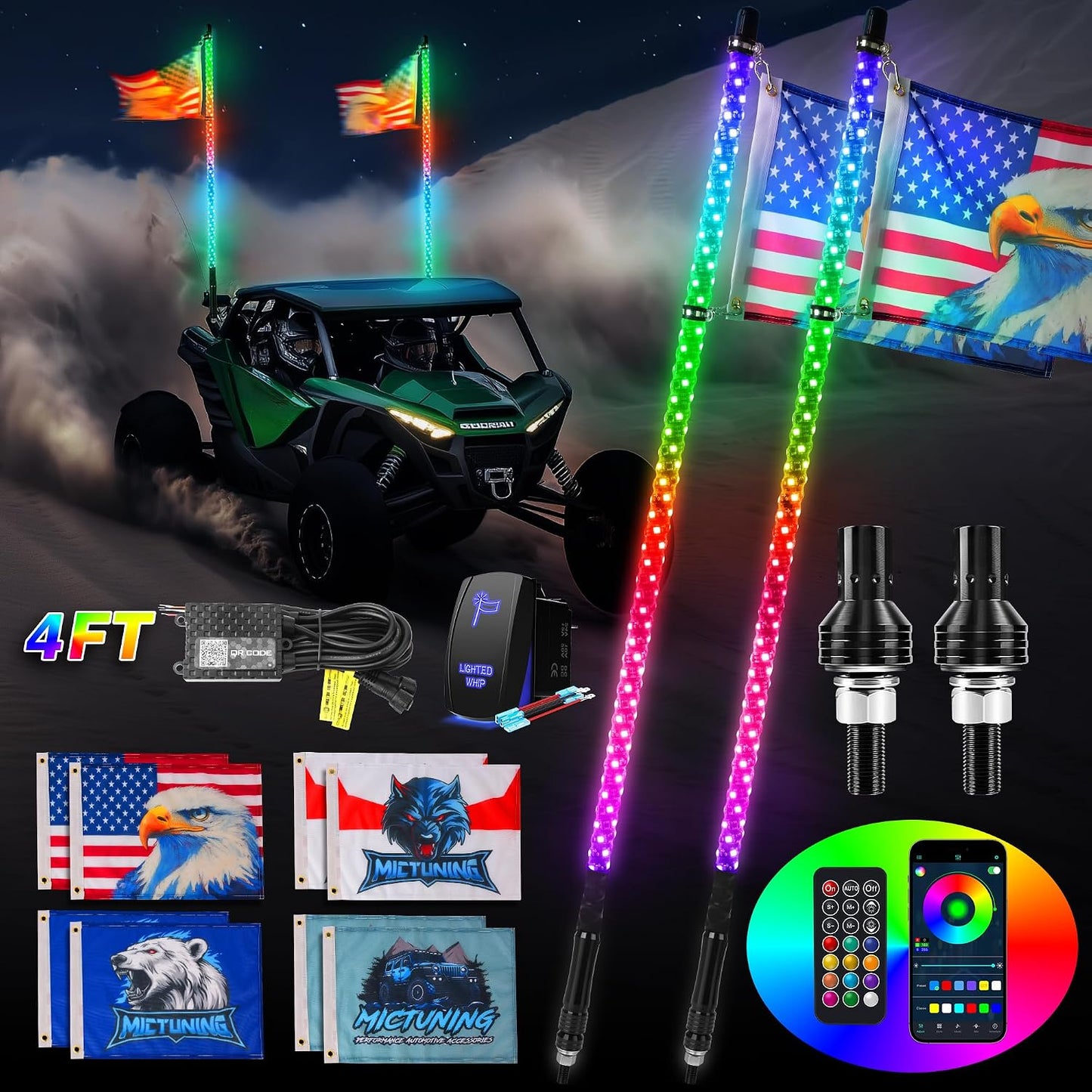 2Pc 4Ft Spiral LED Whip Lights with 8 Flags, RF Remote & App Control, RGB Chasing Lighted Whips with Rocker Switch, Music Synced Whip Light for UTV ATV Polaris RZR Can-Am