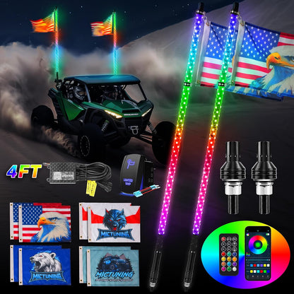 2Pc 4Ft Spiral LED Whip Lights with 8 Flags, RF Remote & App Control, RGB Chasing Lighted Whips with Rocker Switch, Music Synced Whip Light for UTV ATV Polaris RZR Can-Am