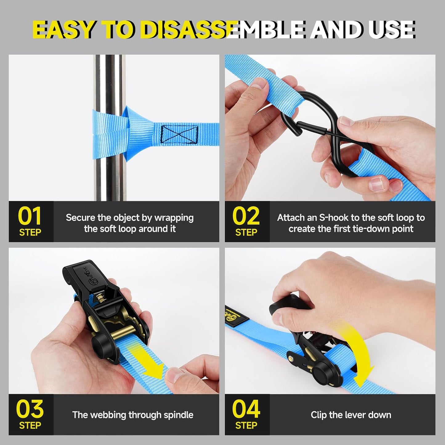 4Pcs Ratchet Tie down Straps Kit for 2400Lb Break Strength | 1” X 16FT Tie down Straps with Soft Loop Tie-Downs & Safety S Hook - Cargo Strap Tie down for Trucks, Motorcycle, Moving, Appliances - Blue