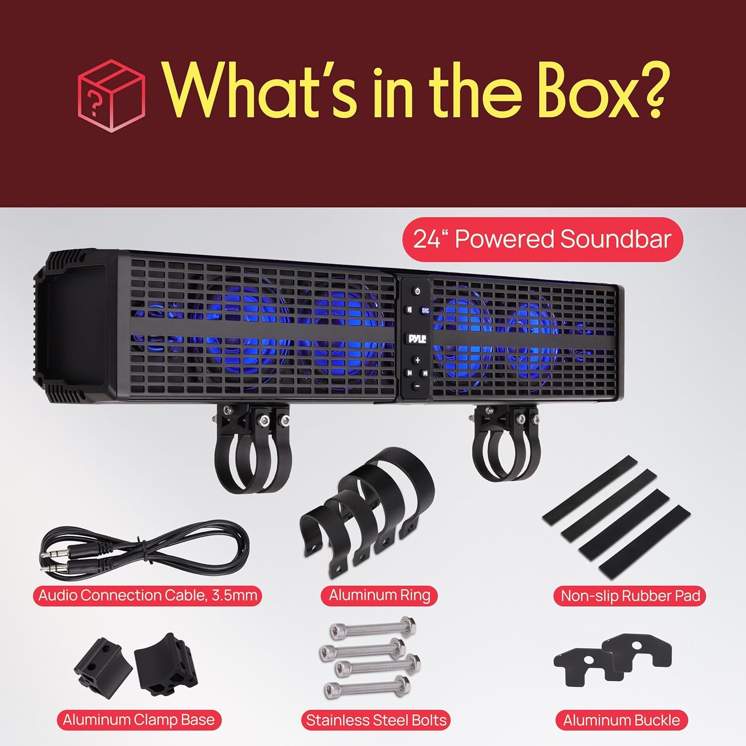 24" Powered ATV/UTV Soundbar System - 40 Bluetooth Speakers with Built-In Amplifier, Waterproof and Weatherproof, Wireless BT Streaming and Auxiliary Input, LED Lights
