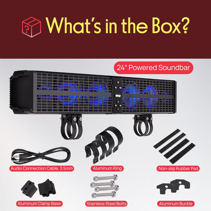 24" Powered ATV/UTV Soundbar System - 40 Bluetooth Speakers with Built-In Amplifier, Waterproof and Weatherproof, Wireless BT Streaming and Auxiliary Input, LED Lights