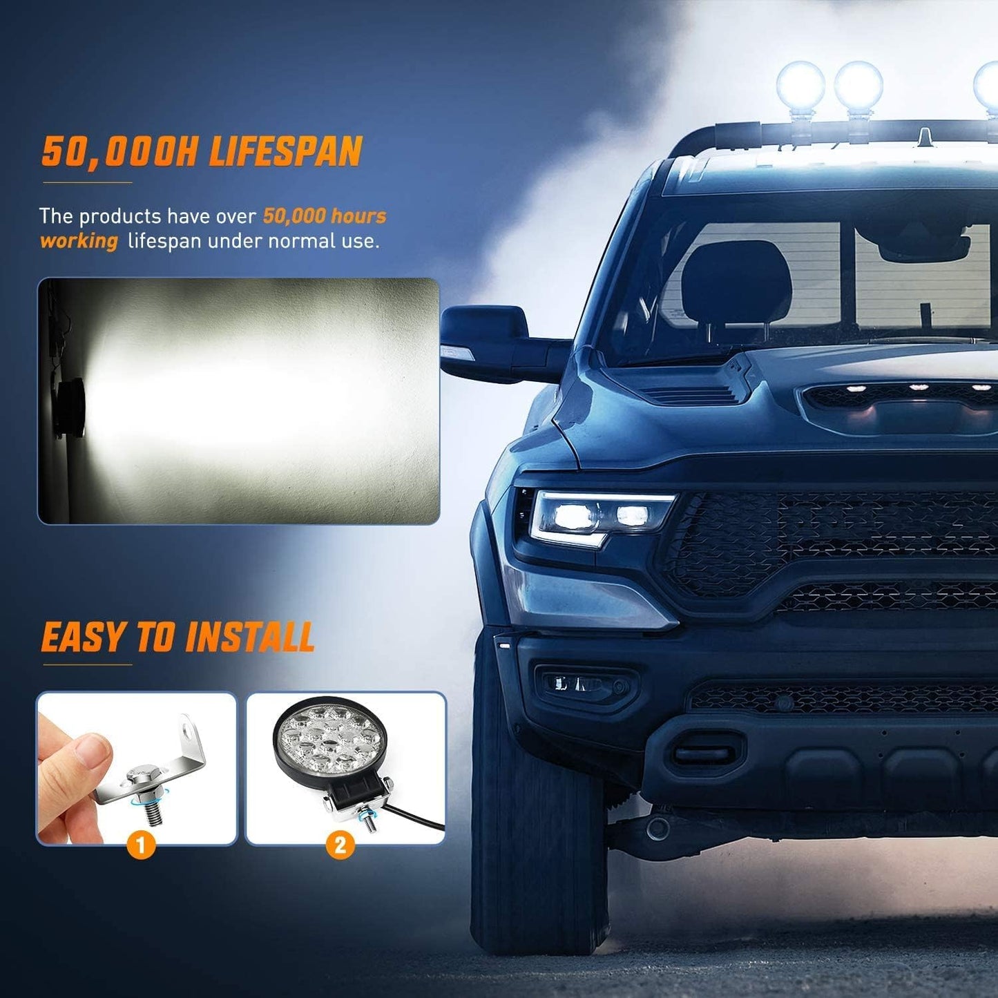 LED Pods 2Pcs 4.5Inch 42W 4200LM round Flood Light off Road Lights Fog Lights Driving Roof LED Light Bar Work Light with 16AWG Wiring Harness Kit-2 Leads