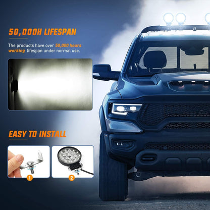 LED Pods 2Pcs 4.5Inch 42W 4200LM round Flood Light off Road Lights Fog Lights Driving Roof LED Light Bar Work Light with 16AWG Wiring Harness Kit-2 Leads