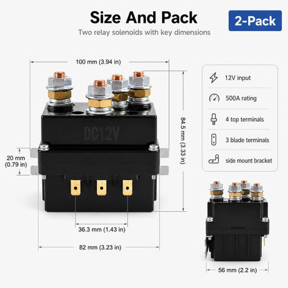 Solenoid Relay, 2 Pack 12V 500A Winch Relay Solenoid Replacement Contactor for 8000-15000Lb ATV UT Winch Control