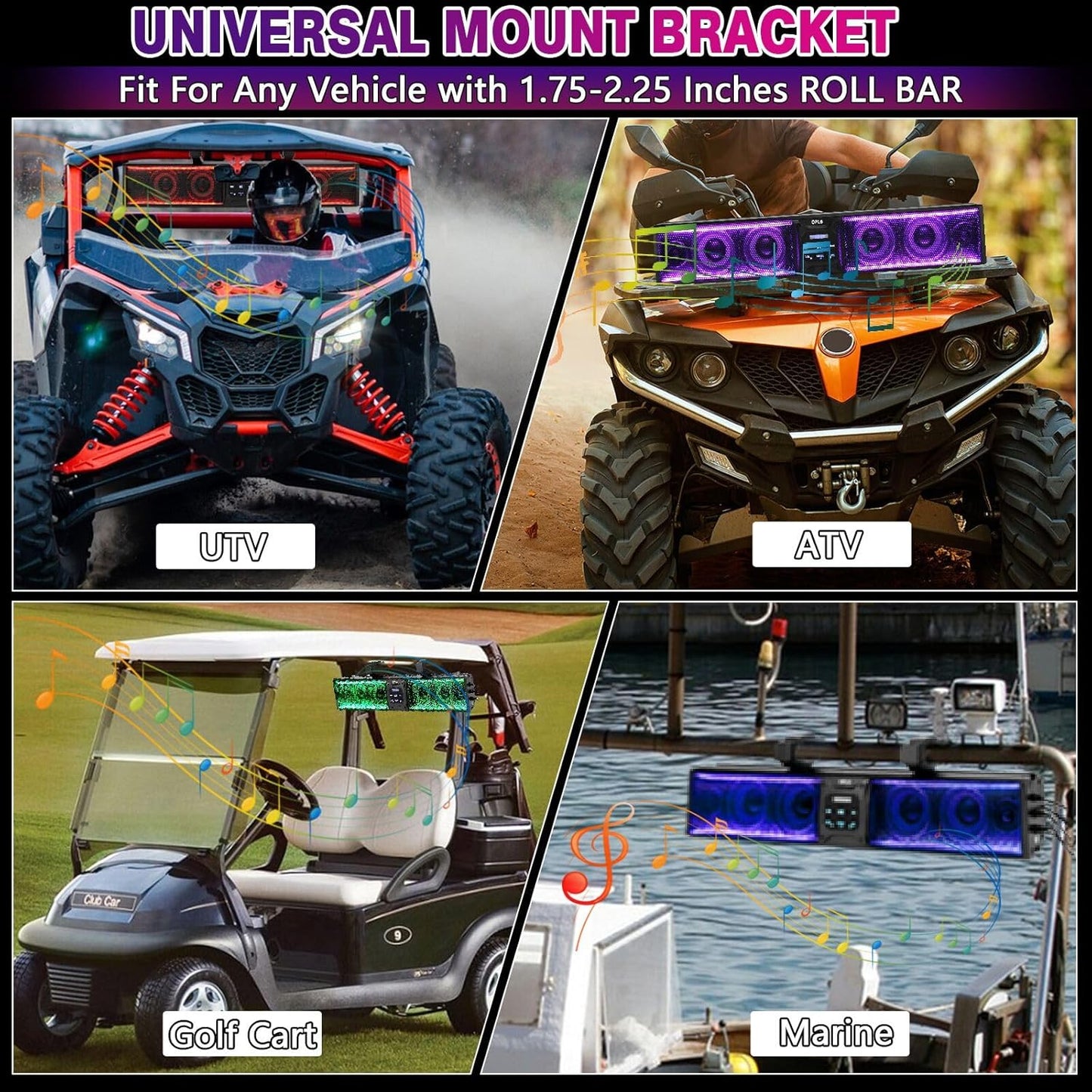 UTV Sound Bar 27 Inch, 6-Speaker Metal Bluetooth ATV Soundbar with RGB ＆ Light Strip, IP66 Waterproof Golf Cart Sound Bar for Polaris RZR Can-Am W/ 1" - 2" Roll Bar,2 Years Warranty