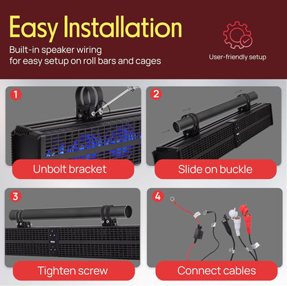 24" Powered ATV/UTV Soundbar System - 40 Bluetooth Speakers with Built-In Amplifier, Waterproof and Weatherproof, Wireless BT Streaming and Auxiliary Input, LED Lights