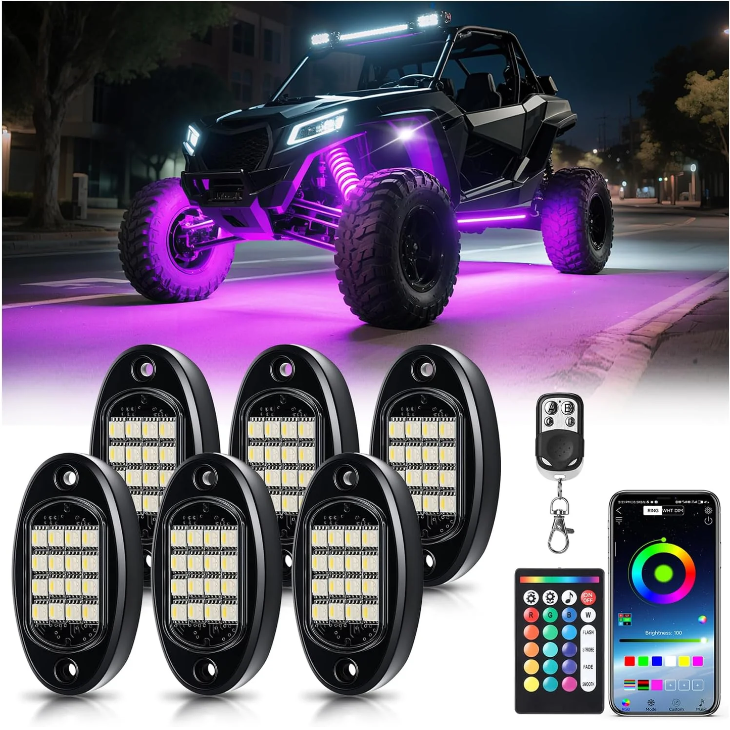 Ultimate 6 Pods RGBW LED Rock Lights Kit - 6500K Pure White & Vibrant RGB Underglow for UTVs, Golf Carts, ATVs, RZRs, SXS, and Trucks - Smart App/RF Remote, Music Sync, Waterproof Neon Underbody, 12V