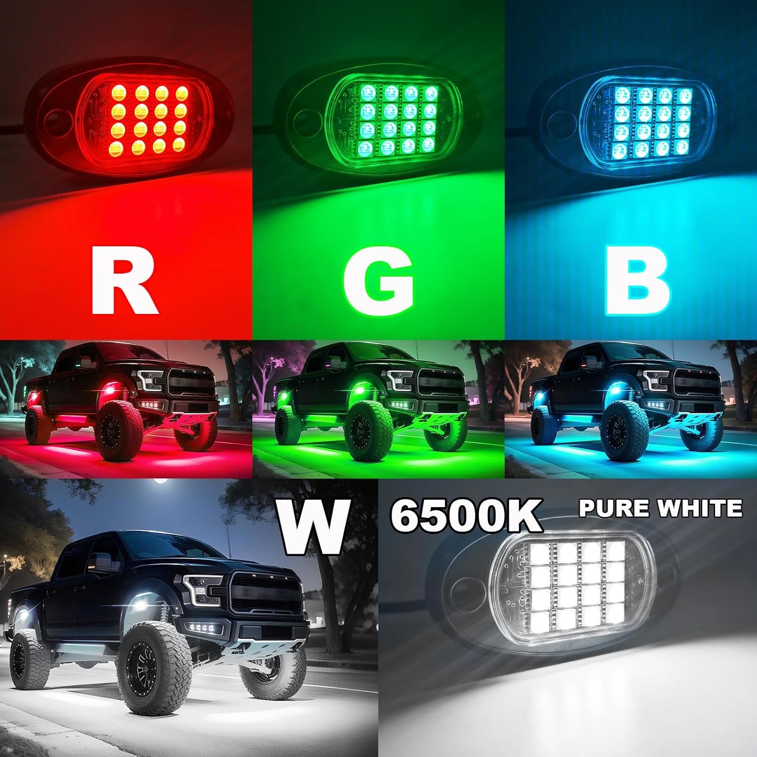 Ultimate 6 Pods RGBW LED Rock Lights Kit - 6500K Pure White & Vibrant RGB Underglow for UTVs, Golf Carts, ATVs, RZRs, SXS, and Trucks - Smart App/RF Remote, Music Sync, Waterproof Neon Underbody, 12V