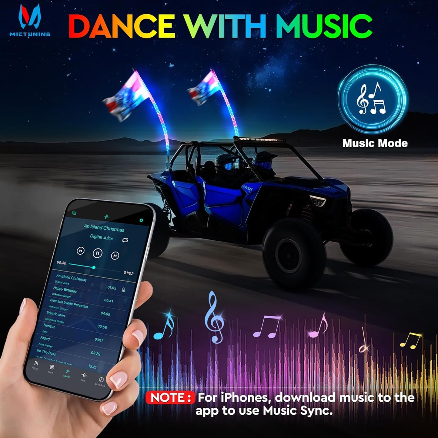 2Pc 4Ft Spiral LED Whip Lights with 8 Flags, RF Remote & App Control, RGB Chasing Lighted Whips with Rocker Switch, Music Synced Whip Light for UTV ATV Polaris RZR Can-Am