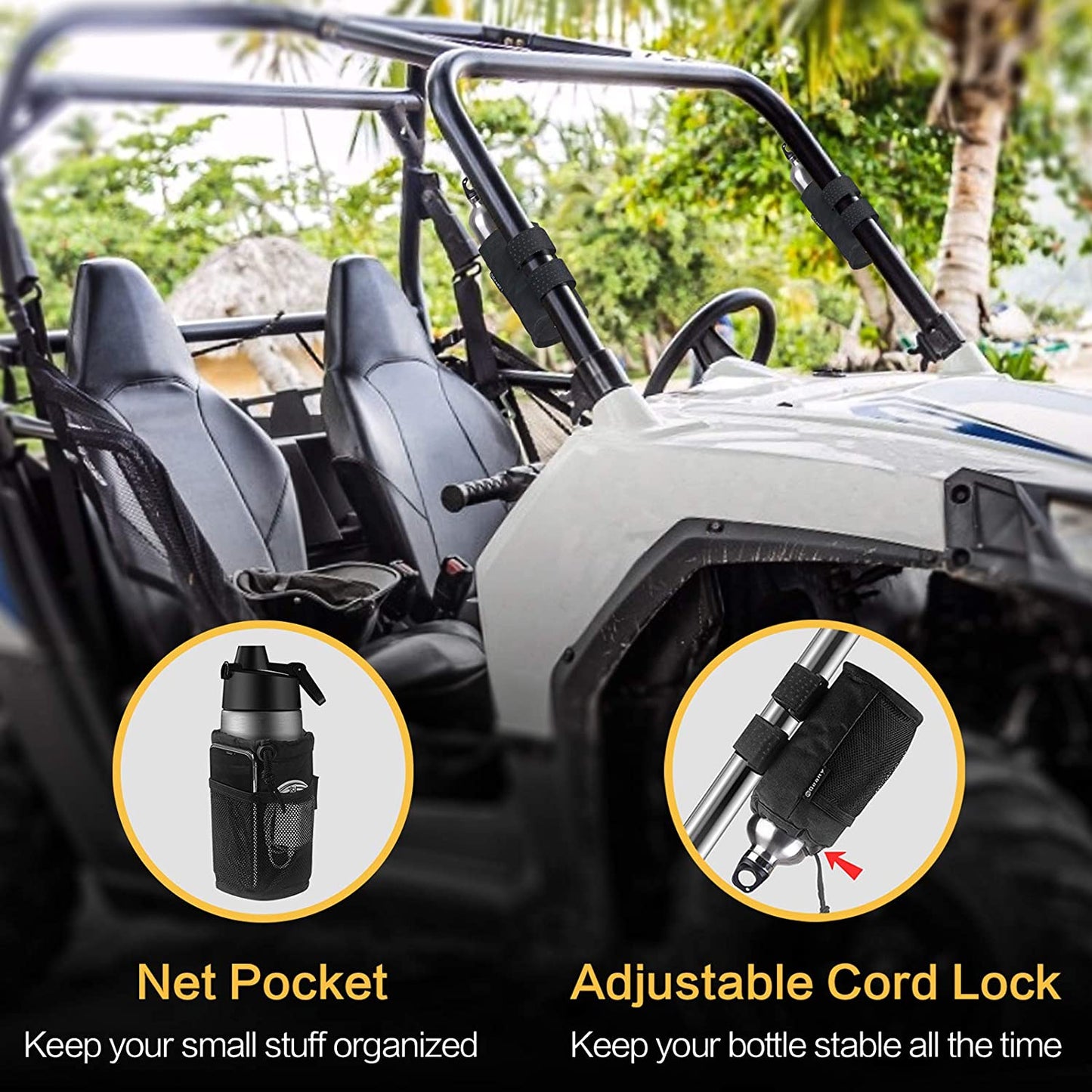 2Pack Cup Holder for Bike, Scooter and Wheelchair, Water Bottle Holder for UTV/ATV, Walker, Golf Cart and Beach, Universal Drink Holder Accessories with Net Pocket and Cord Lock (Black)