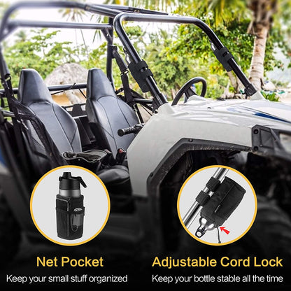 2Pack Cup Holder for Bike, Scooter and Wheelchair, Water Bottle Holder for UTV/ATV, Walker, Golf Cart and Beach, Universal Drink Holder Accessories with Net Pocket and Cord Lock (Black)