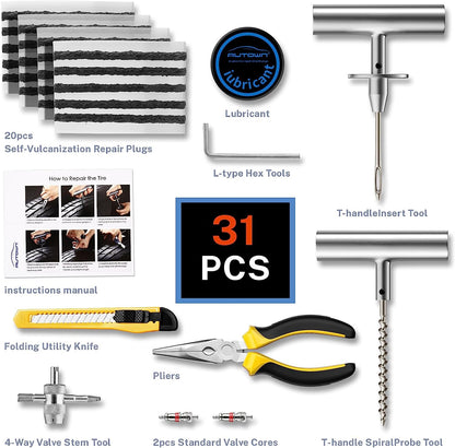Flat Tire Repair Kit with Plugs 31 Pcs for Car, Motorcycle, ATV, Jeep, Truck, Tractor Flat Tire Puncture Repair