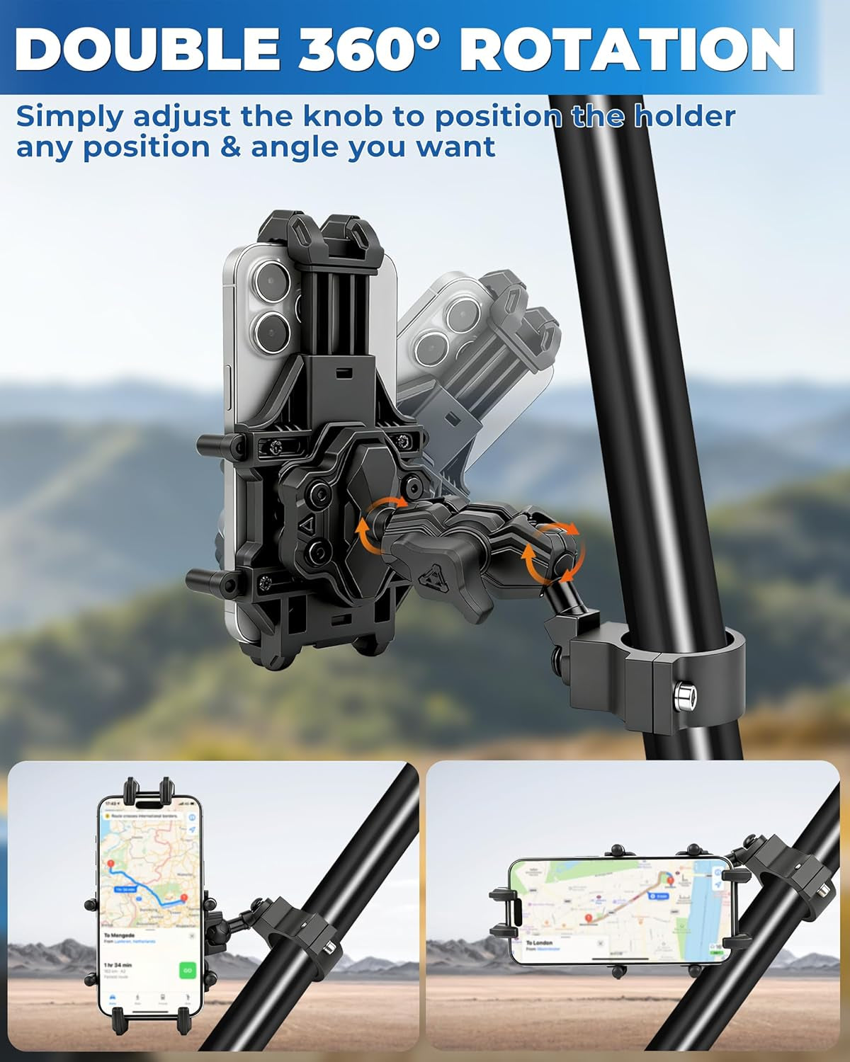 Heavy Duty UTV Phone Mount - 360° Adjustable Anti-Vibration Holder for 5.4"-7.2" Phones, Fits 1"-2" Roll Cages, Perfect for SXS RZR X3 Ranger