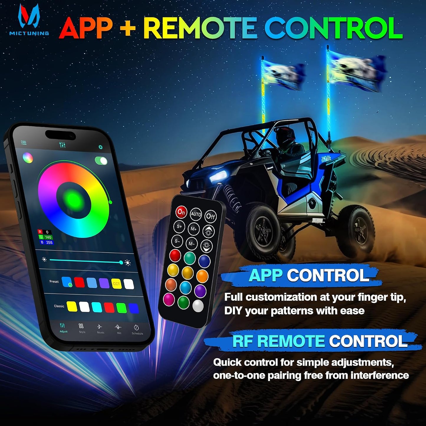 2Pc 4Ft Spiral LED Whip Lights with 8 Flags, RF Remote & App Control, RGB Chasing Lighted Whips with Rocker Switch, Music Synced Whip Light for UTV ATV Polaris RZR Can-Am