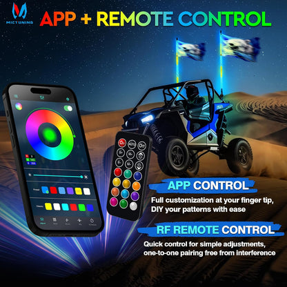 2Pc 4Ft Spiral LED Whip Lights with 8 Flags, RF Remote & App Control, RGB Chasing Lighted Whips with Rocker Switch, Music Synced Whip Light for UTV ATV Polaris RZR Can-Am
