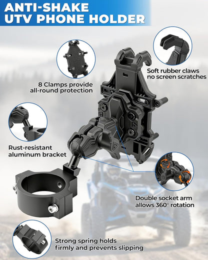 Heavy Duty UTV Phone Mount - 360° Adjustable Anti-Vibration Holder for 5.4"-7.2" Phones, Fits 1"-2" Roll Cages, Perfect for SXS RZR X3 Ranger