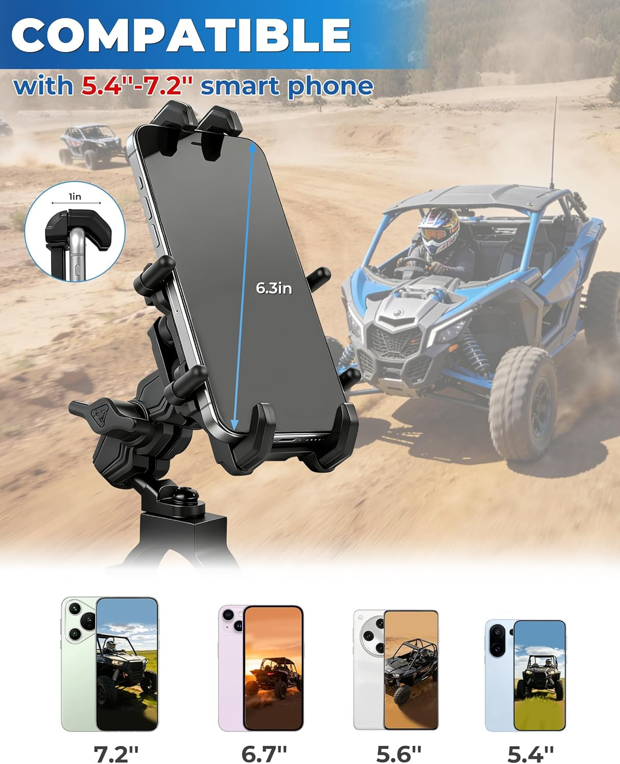 Heavy Duty UTV Phone Mount - 360° Adjustable Anti-Vibration Holder for 5.4"-7.2" Phones, Fits 1"-2" Roll Cages, Perfect for SXS RZR X3 Ranger