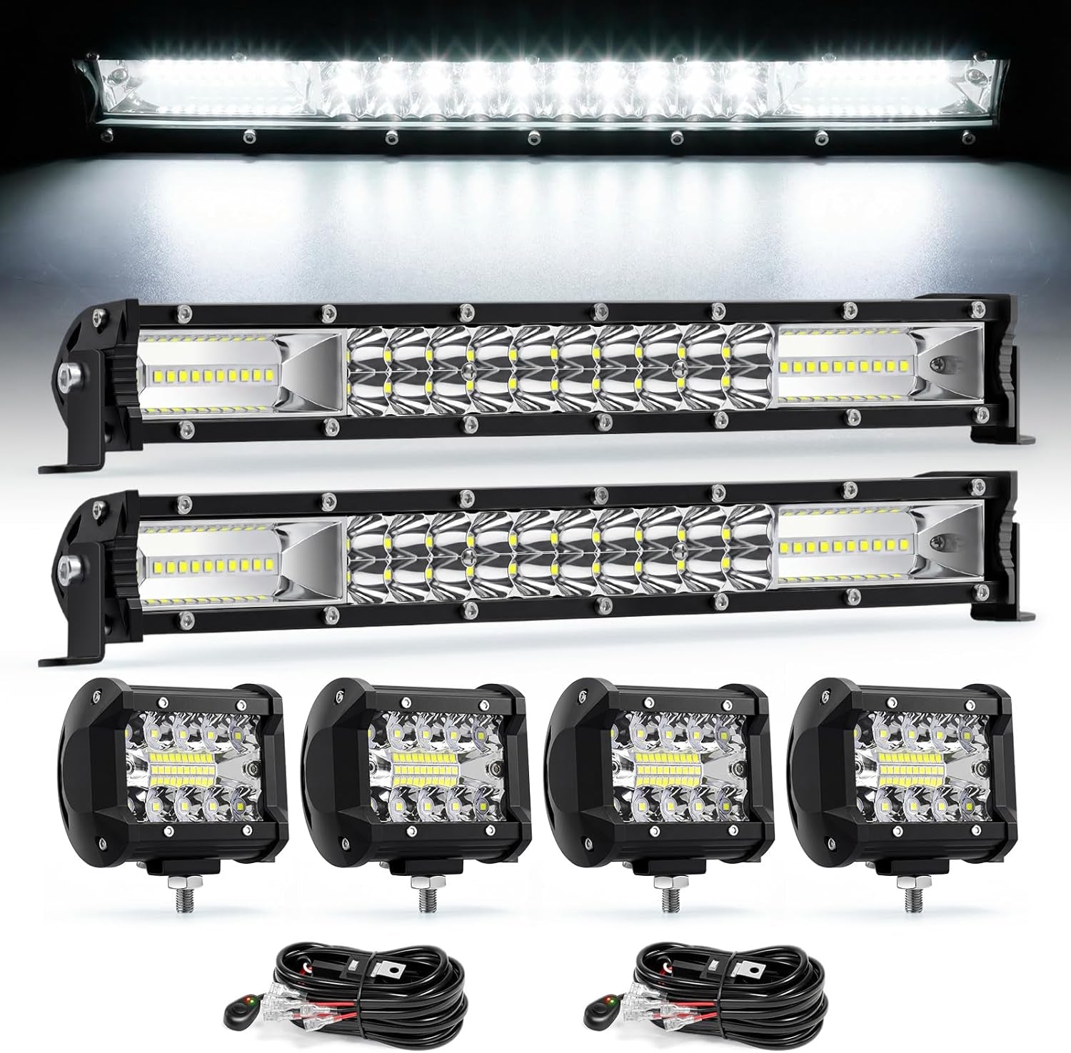Powerful LED Light Bar Kit - 2x 12" 120W Fog Lights & 4x 4" 60W Driving Lights with Wiring Harness - Ultimate Off-Road Accessories for Trucks, ATVs, SUVs, UTVs & Boats