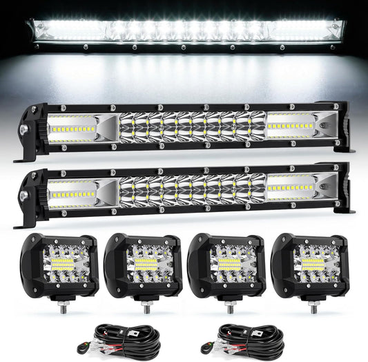 Powerful LED Light Bar Kit - 2x 12" 120W Fog Lights & 4x 4" 60W Driving Lights with Wiring Harness - Ultimate Off-Road Accessories for Trucks, ATVs, SUVs, UTVs & Boats