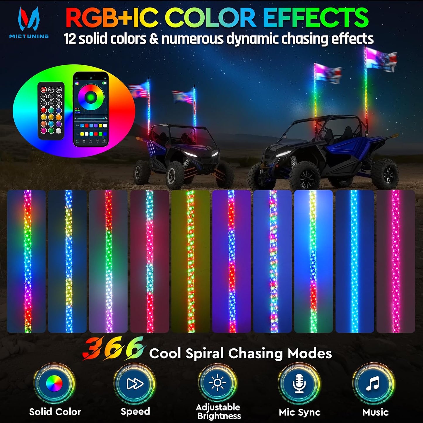 2Pc 4Ft Spiral LED Whip Lights with 8 Flags, RF Remote & App Control, RGB Chasing Lighted Whips with Rocker Switch, Music Synced Whip Light for UTV ATV Polaris RZR Can-Am