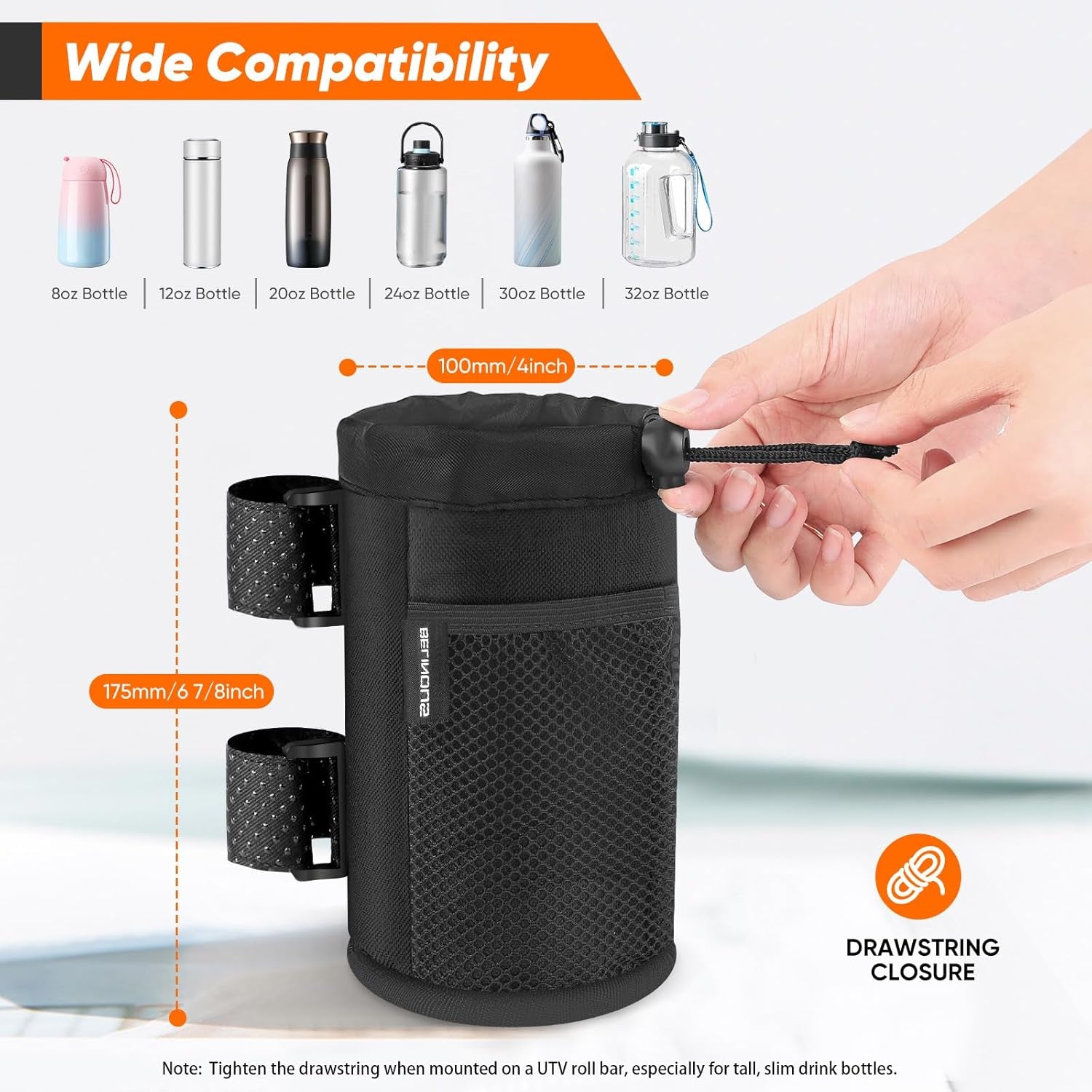 Scooter Cup Holder for 8-32Oz Bottles, Wheelchair Walker Water Bottle Holder for UTV Roll Bar Bike E-Bike Golf Cart and Boat, Drink Holder with Net Pockets and Hook and Loop Straps