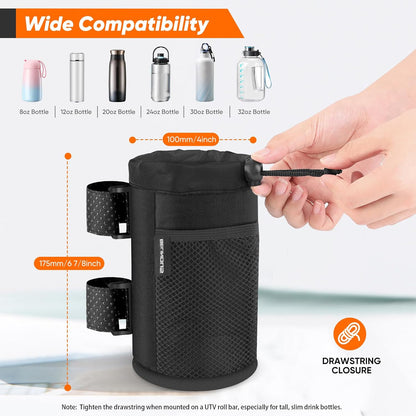 Scooter Cup Holder for 8-32Oz Bottles, Wheelchair Walker Water Bottle Holder for UTV Roll Bar Bike E-Bike Golf Cart and Boat, Drink Holder with Net Pockets and Hook and Loop Straps